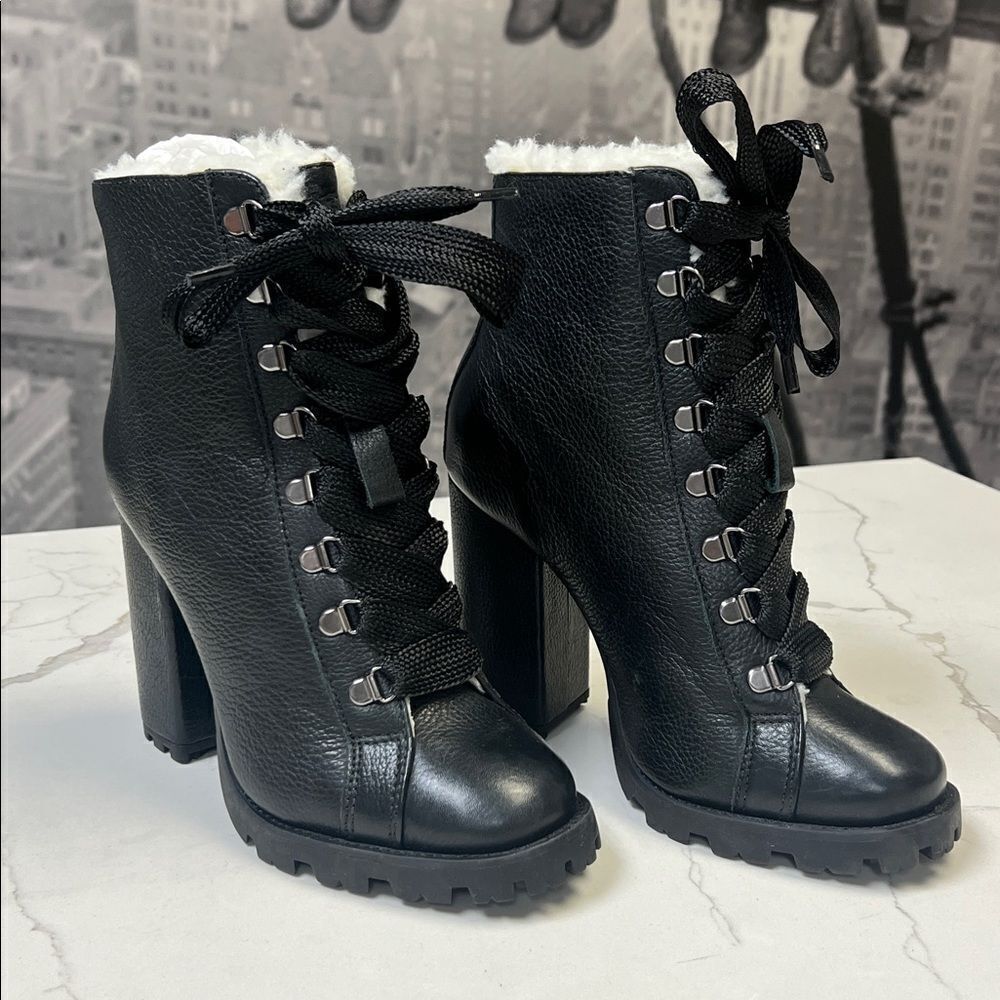 SCHUTZ Black Lace Up Heels Boots Fur Trim US 8